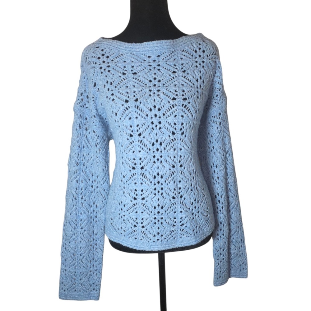 Crochet Knit Sweater Women Boho Bell Sleeve Blue Open Knit M